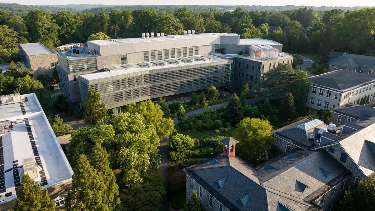 Aerial view of Singer Hall in greenery